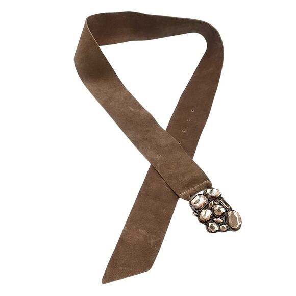 Women\'s brown suede belt with embellished smoky golden faux glass main image 9